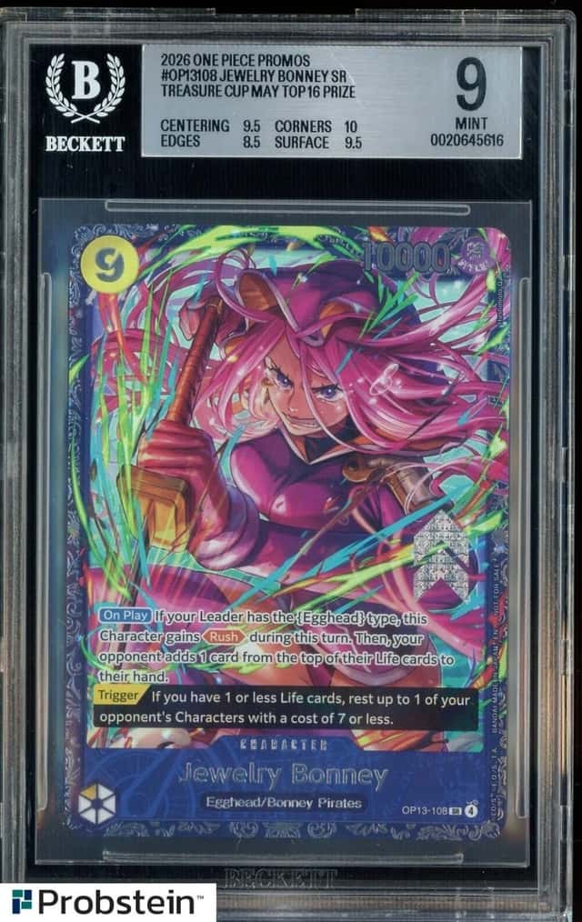 2026 One Piece Promos OP13108 Jewelry Bonney Treasure Cup Top 16 Prize BGS 9