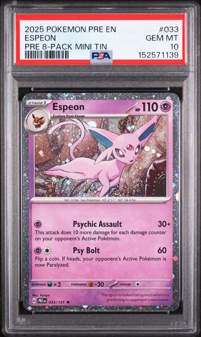 2025 POKEMON ESPEON PRE 8-PACK MINI TIN PRISMATIC EVOLUTIONS #033 PSA 10