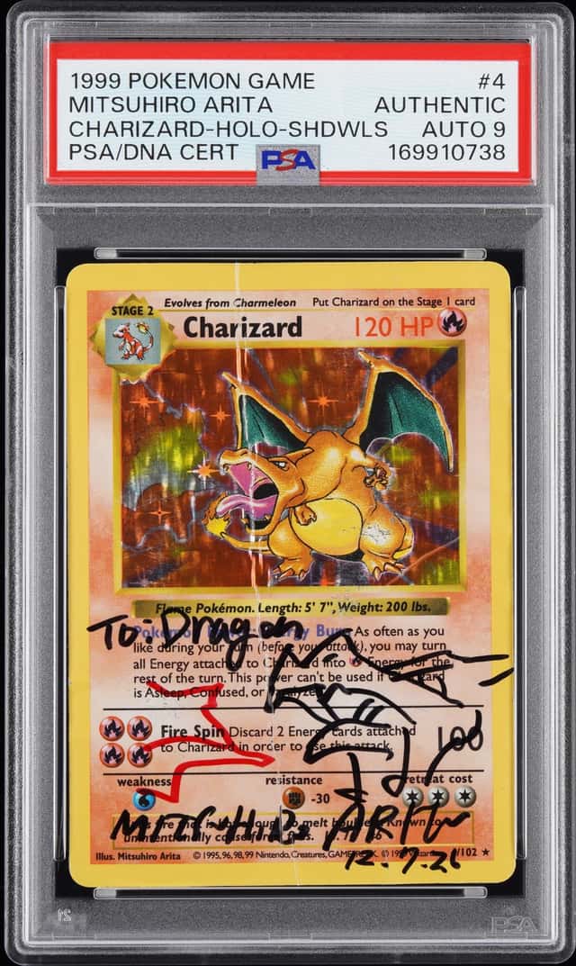 Mitsuhiro Arita Signed 1999 Pokemon Shadowless Charizard Holo PSA/DNA AUTO 9