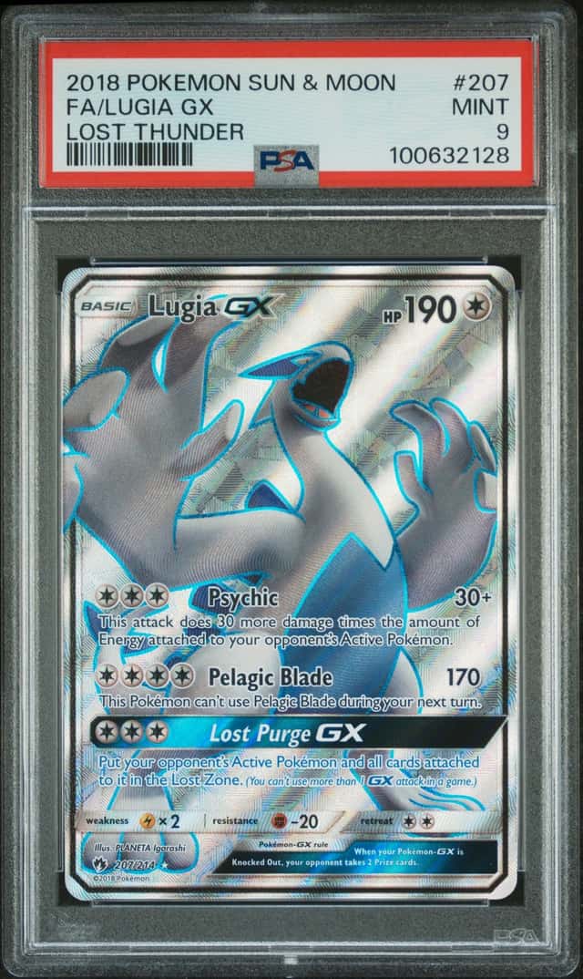 2018 POKEMON SUN & MOON LOST THUNDER #207/214 LUGIA FULL ART PSA 9