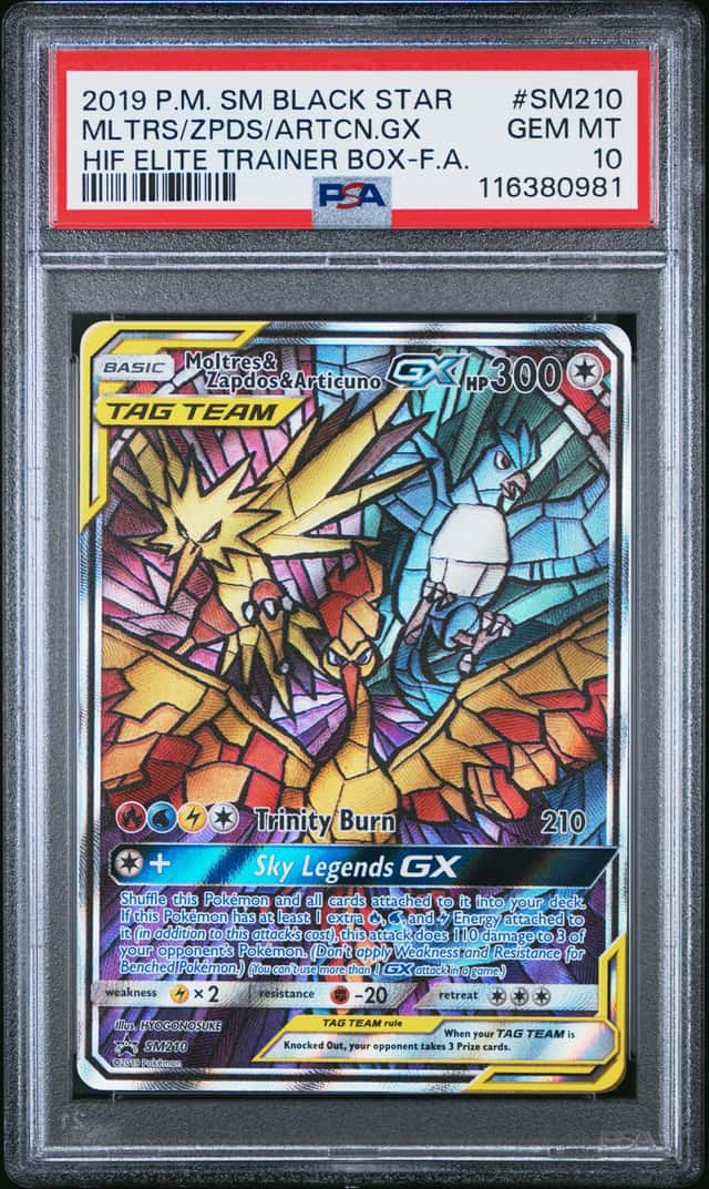 Pokémon TCG Moltres Zapdos Articuno GX Stained Glass SM210 PSA 10