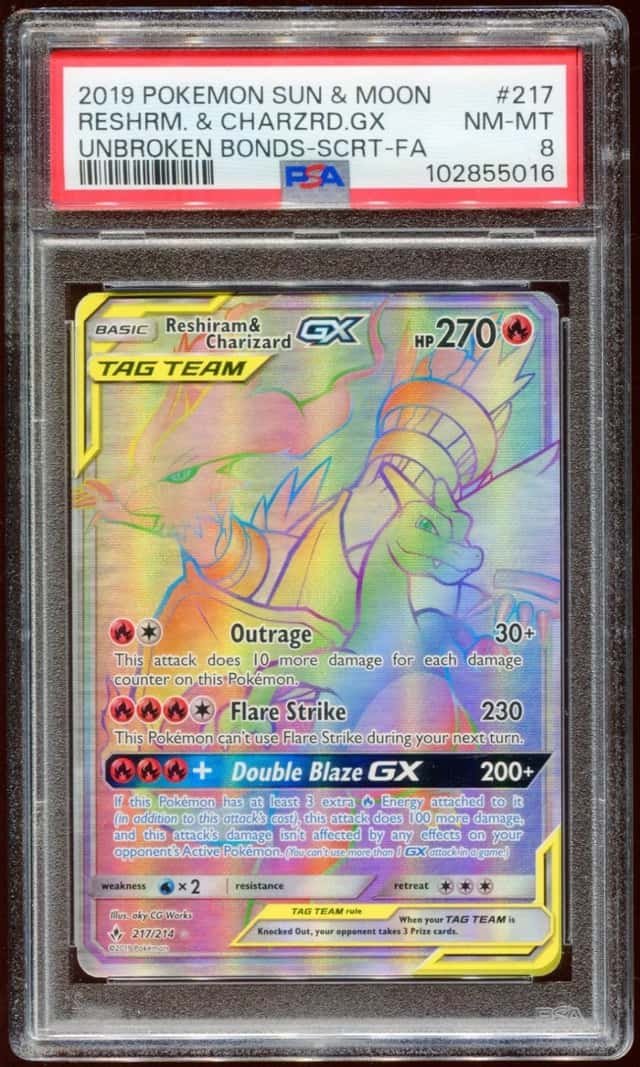 2019 POKEMON SUN & MOON UNBROKEN BONDS RESHIRAM & CHARIZARD GX 217/214 SCR PSA 8