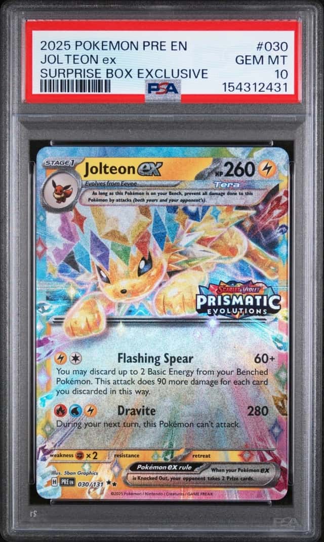 2025 POKEMON PRISMATIC EVOLUTIONS SURPRISE BOX EXCLUSIVE #030 JOLTEON EX PSA 10