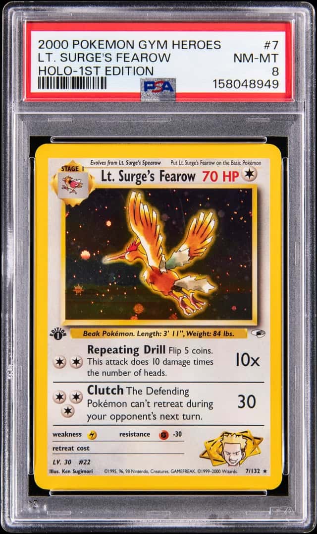 2000 Pokemon Gym Heroes 1st Edition Holo #7 Lt. Surge's Fearow - PSA NM-MT 8