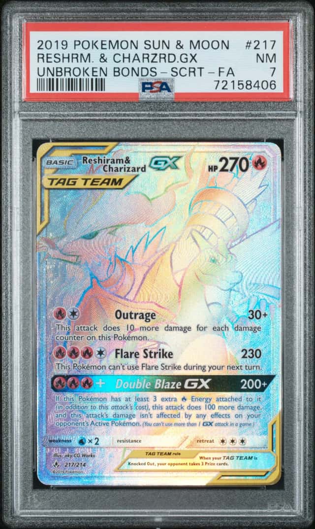 Pokemon Reshiram & Charizard GX 217/214 Secret Rainbow Gem Mint Full Art PSA 7