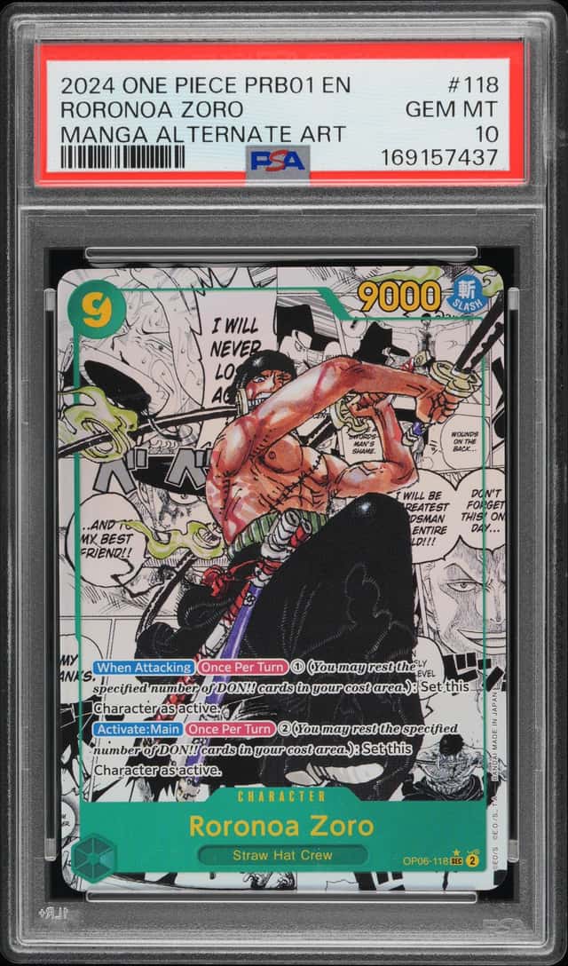 2024 ONE PIECE PRB01-PREMIUM BOOSTER MANGA ALT ART RORONOA ZORO PSA 10
