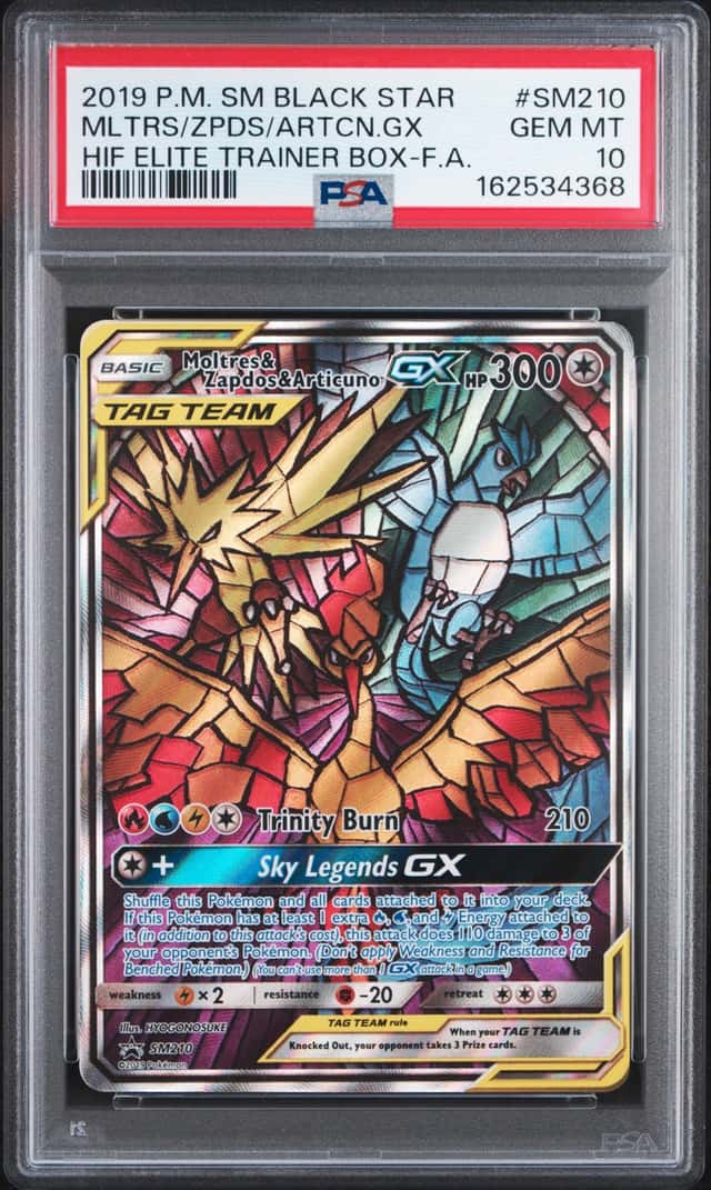 2019 Pokemon SM Black Star HIF ETB FA #SM210 Moltres Zapdos Articuno Gx PSA 10