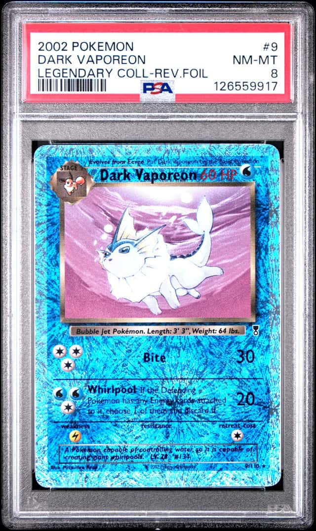 POKEMON DARK VAPOREON 2002 LEG COLL-REV.FOIL #9 PSA 8