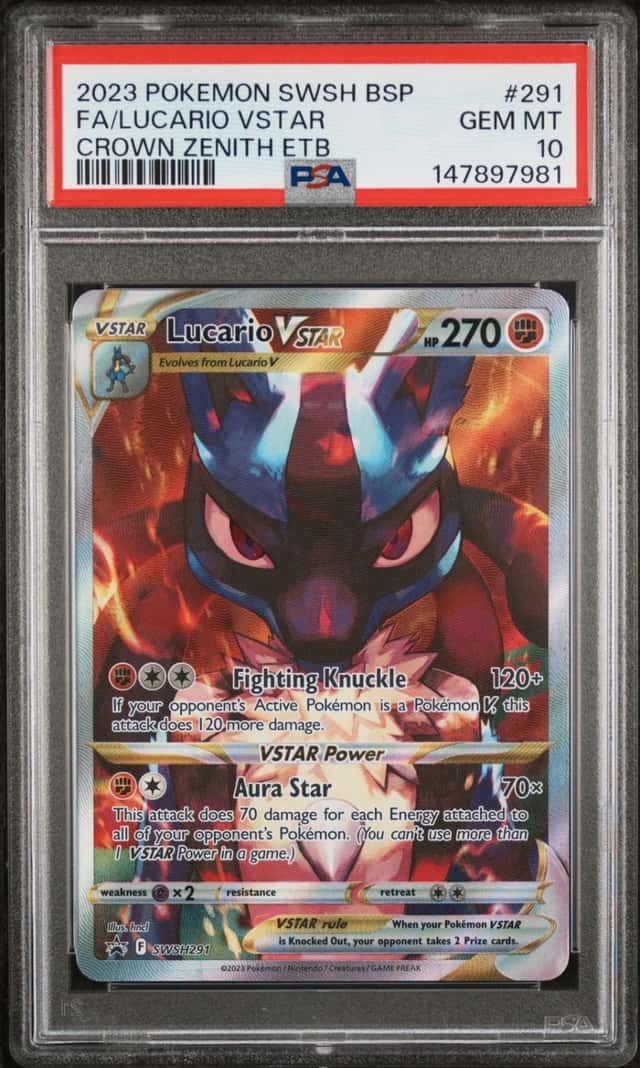 2023 POKEMON SWSH CROWN ZENITH ETB PROMO #291 FULL ART/LUCARIO VSTAR PSA 10