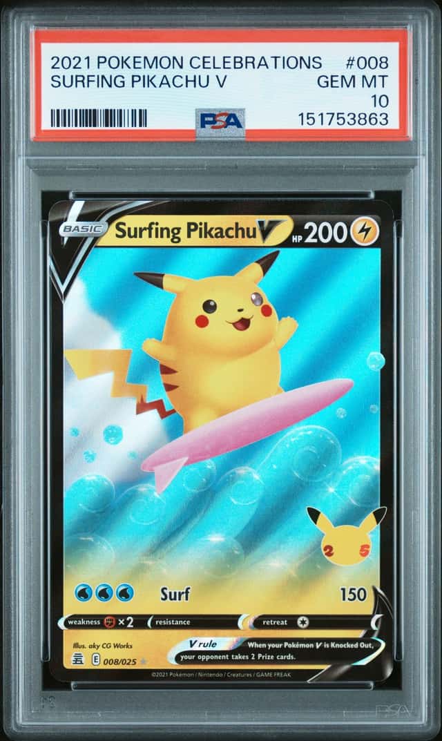 2021 Pokemon Celebrations Surfing Pikachu V #008 Holo 25th Anniversary PSA 10