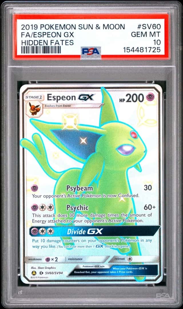 2019 POKEMON SUN & MOON HIDDEN FATES #SV60 FULL ART/ESPEON GX PSA 10