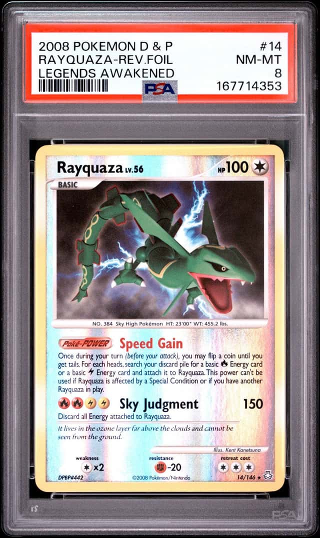 2008 POKEMON DIAMOND & PEARL LEGENDS AWAKENED #14 RAYQUAZA-REVERSE FOIL PSA 8