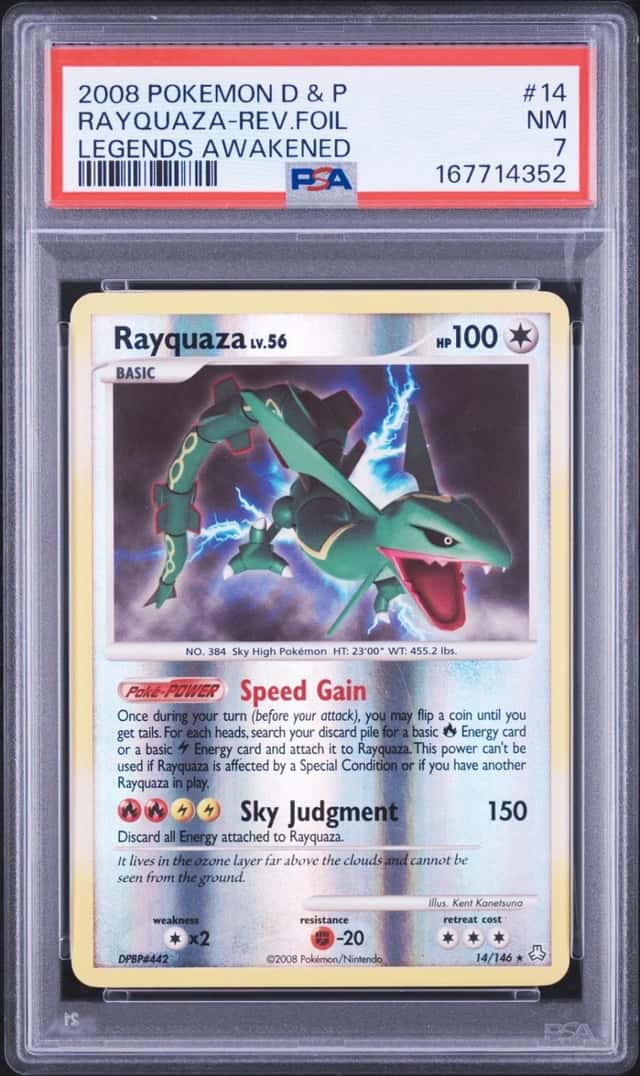 2008 POKEMON DIAMOND & PEARL LEGENDS AWAKENED #14 RAYQUAZA-REVERSE FOIL PSA 7