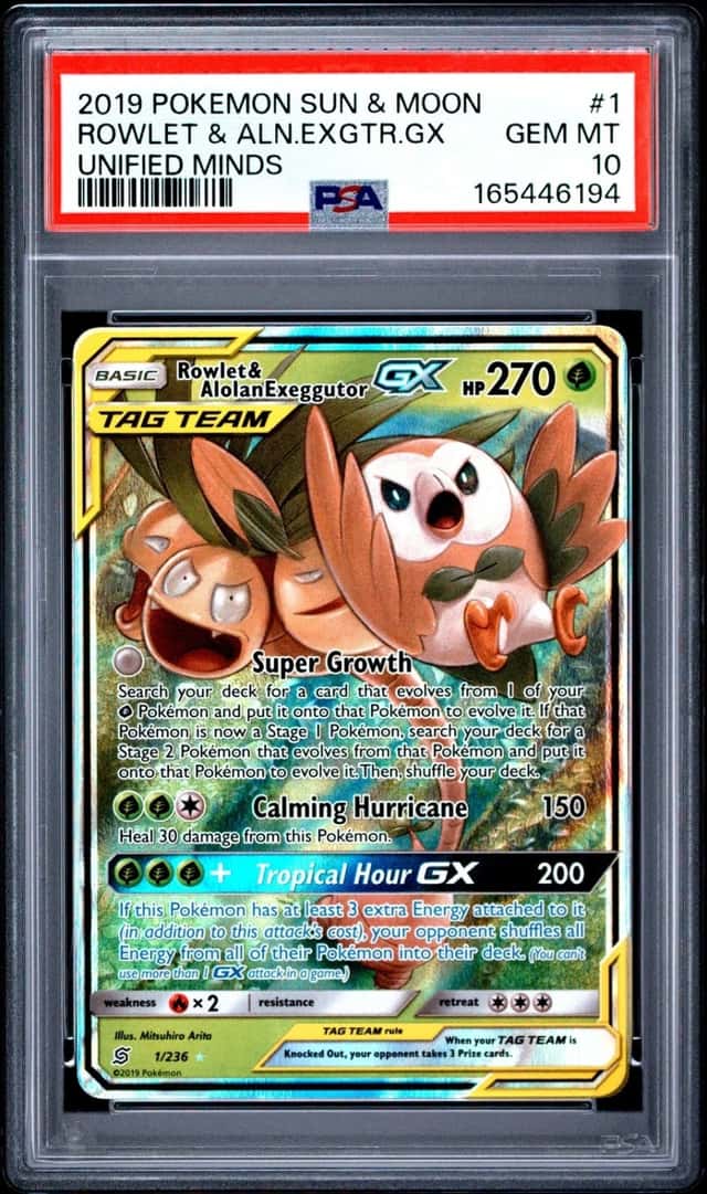 6194 Rowlet & Alolan Exeggutor GX 2019 Pokemon Sun Moon Unified Minds #1 PSA 10