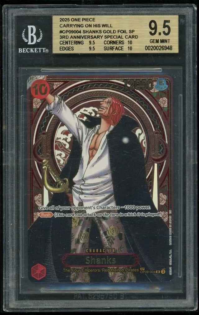 One Piece Shanks 2025 Carrying on His Will 3rd Anniv. Sp. Card GOLD BGS 9.5