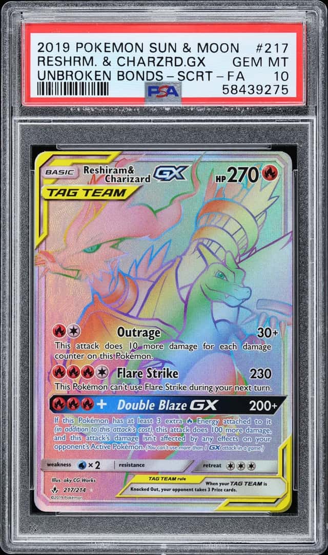 2019 Pokemon Sun & Moon Unbroken Bonds Rainbow Rare Reshiram Charizard GX #217 PSA 10 GEM MINT