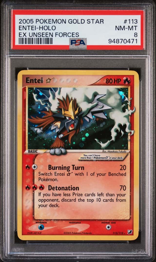 Entei Holo 113/115 Gold Star Unseen Forces Pokemon PSA 8