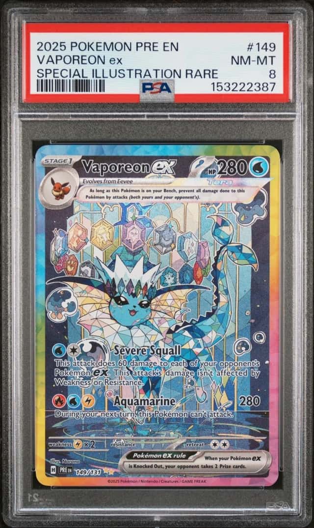 2025 POKEMON PRISMATIC EVOLUTIONS SPECIAL ILLUSTRATION RARE VAPOREON EX PSA 8