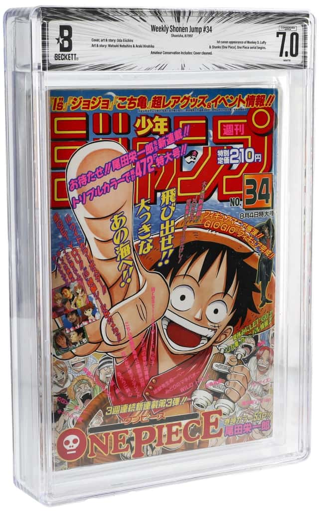 Weekly Shonen Jump #34 Shueisha, 8/1997 Cover, art & story: Oda Eiichiro Art & story: Watsuki Nobuhiro & Araki Hirohiko Amateur Conservation Includes: Cover cleaned. CONSERVED AMATEUR WHITE 1st canon appearance of Monkey D. Luffy & Shanks [One Piece]. One Piece serial begins.