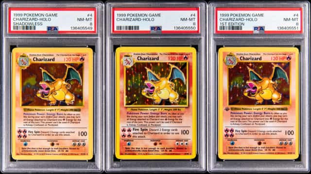 1999 Pokemon Base Set Holo #4 Charizard PSA NM-MT 8 Collection (3) - Featuring 1st Edition, Shadowless, Unlimited Cards - Sequential PSA Certification Numbers 

