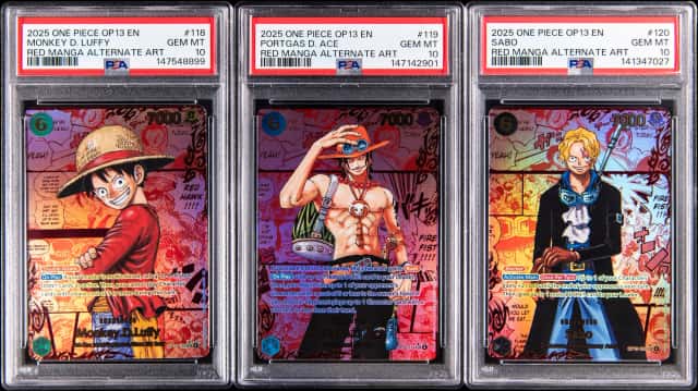 2025 One Piece Carrying On His Will Red Manga Alternate Art PSA GEM MT 10 Collection (3 Different) - Featuring Monkey D. Luffy, Portgas D. Ace, Sabo