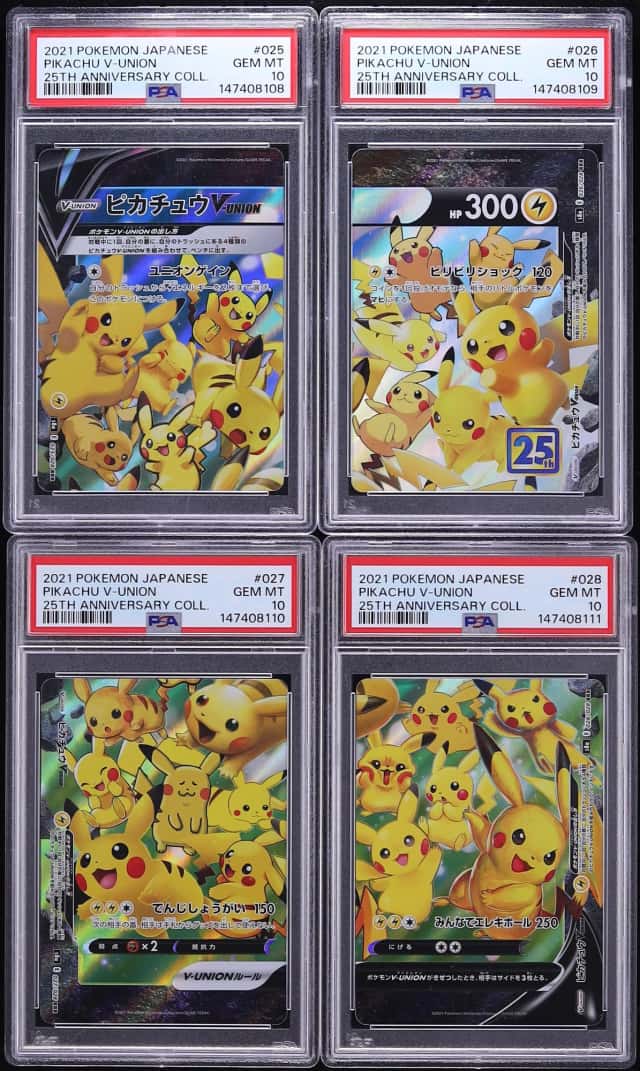 Lot (4) 2021 Pokemon Japanese SWSH 25th Anniversary Pikachu V-Union Sequential #25-28 PSA 10