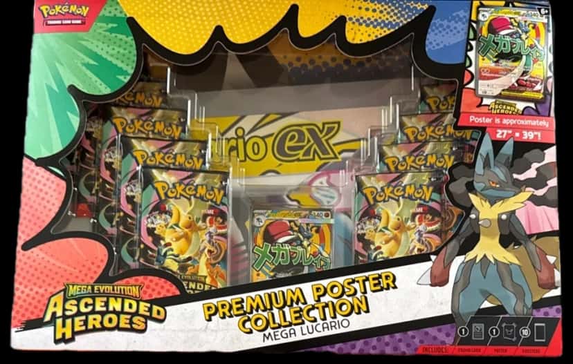 Ascended Heroes Mega Lucario Premium Poster Collection And First Partners Deluxe Pin Collection collection box