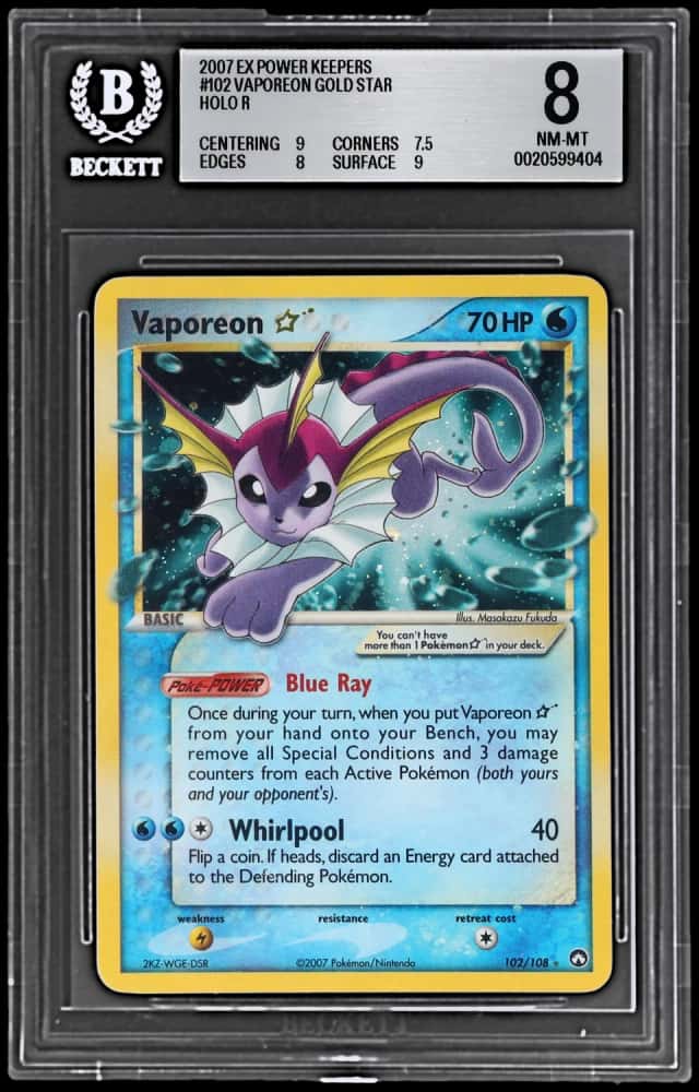 2007 Pokemon Gold Star Ex Power Keepers Holo Vaporeon #102