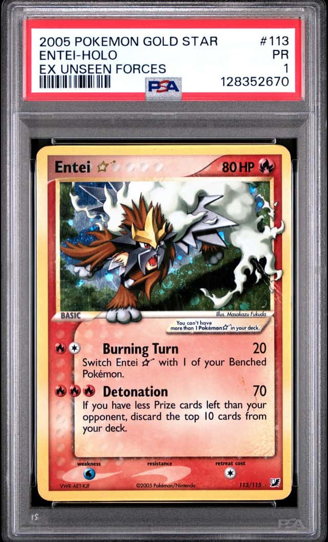 2005 POKEMON ENTEI GOLD STAR HOLO EX UNSEEN FORCES #113 PSA 1