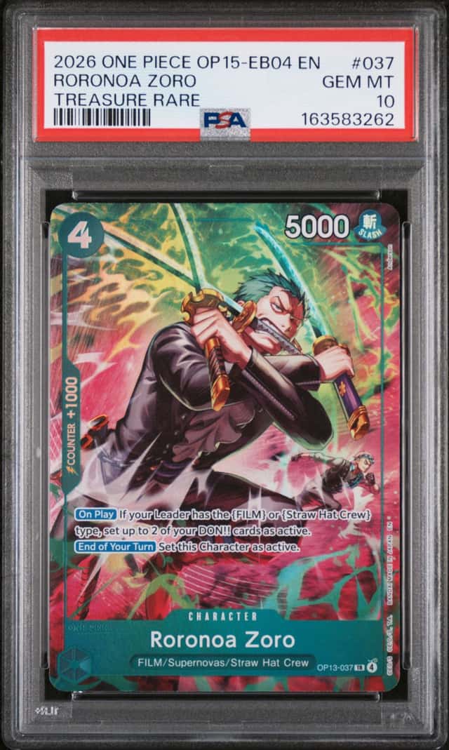 2026 ONE PIECE OP15-EB04-ADVENTURE ON KAMI'S ISLAND #037 RORONOA ZORO PSA 10