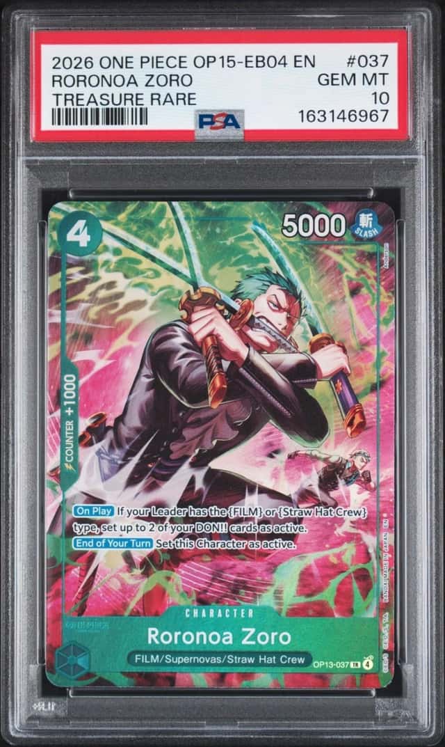 2026 ONE PIECE OP15-EB04-ADVENTURE ON KAMI'S ISLAND #037 RORONOA ZORO PSA 10