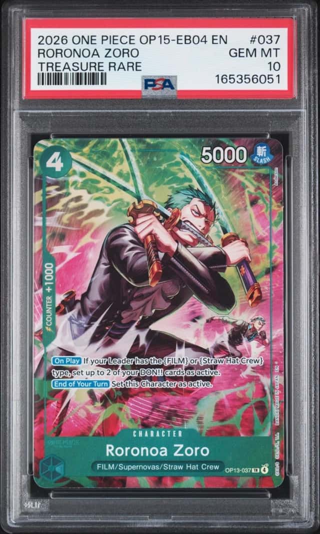 2026 ONE PIECE OP15-EB04-ADVENTURE ON KAMI'S ISLAND #037 RORONOA ZORO PSA 10