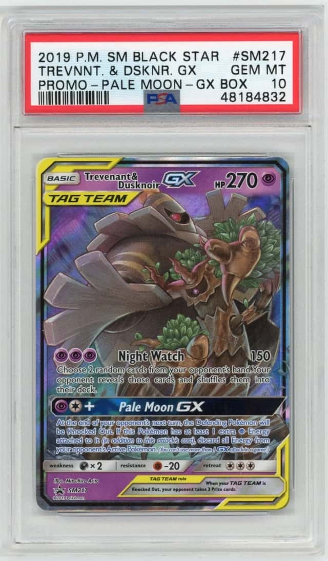 2019 POKEMON SM BLACK STAR #SM217 TREVNNT. & DSKNR. GX PALE MOON-GX BOX PSA 10