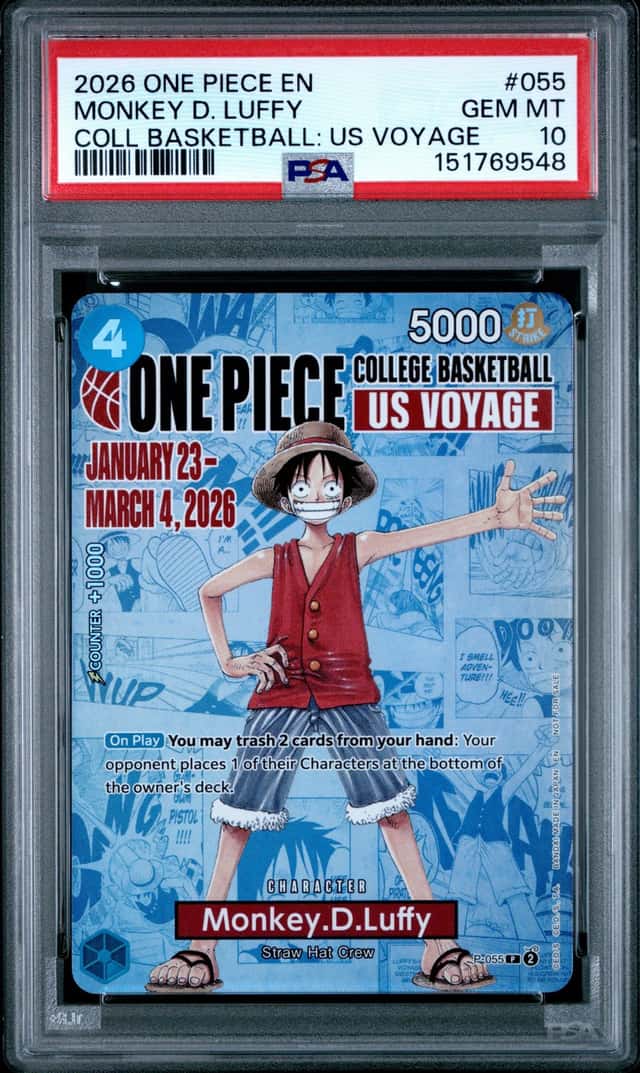 2026 One Piece EN 055 Monkey D Luffy College Basketball US Voyage PSA 10 W/ Case
