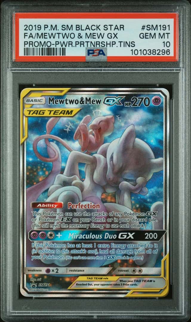 2019 Pokemon SM BSP Power Partnership Tins #SM191 FA Mewtwo & Mew GX PSA 10