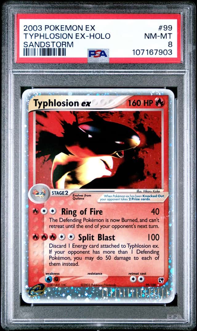2003 POKEMON EX TYPHLOSION EX-HOLO SANDSTORM #99 PSA 8