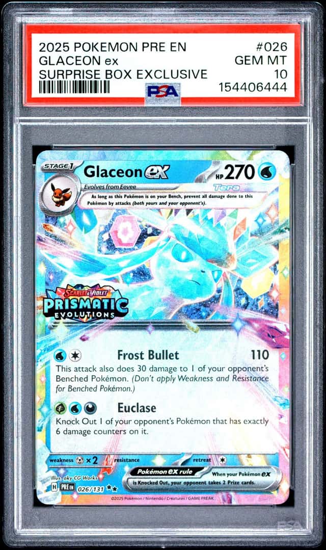 2025 POKEMON PRISMATIC EVOLUTIONS SURPRISE BOX EXCLUSIVE #026 GLACEON EX PSA 10