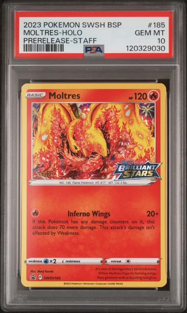 Pokemon Moltres Holo Swsh Black Star Promo 185 Prerelease Staff PSA 10 Gem Mint