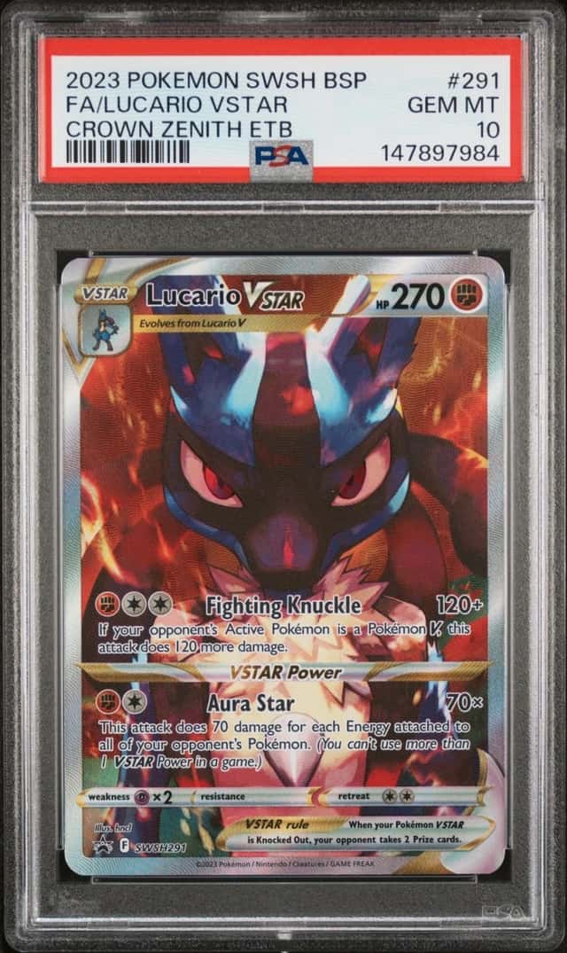 2023 POKEMON SWSH CROWN ZENITH ETB PROMO #291 FULL ART/LUCARIO VSTAR PSA 10