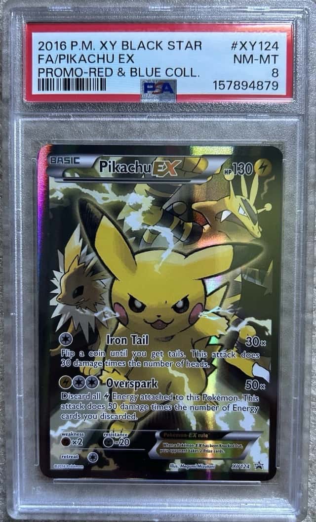 2016 POKEMON XY FA/PIKACHU EX PROMO-RED & BLUE COLL. BLK STAR PROMO #XY124 PSA 8