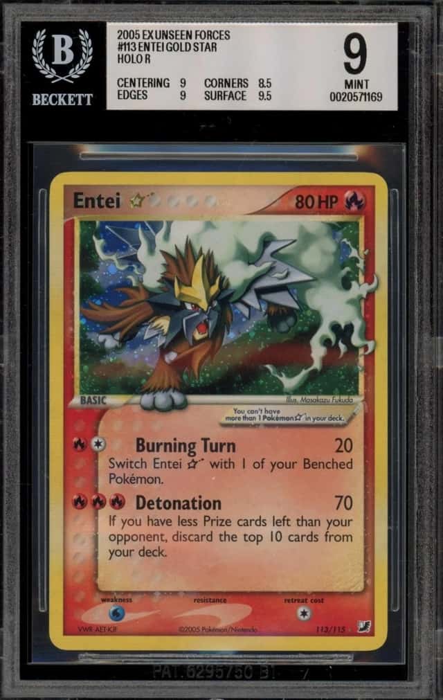 Pokemon Entei Gold Gold Star Holo R EX Unseen Forces 113 BGS 9 Mint