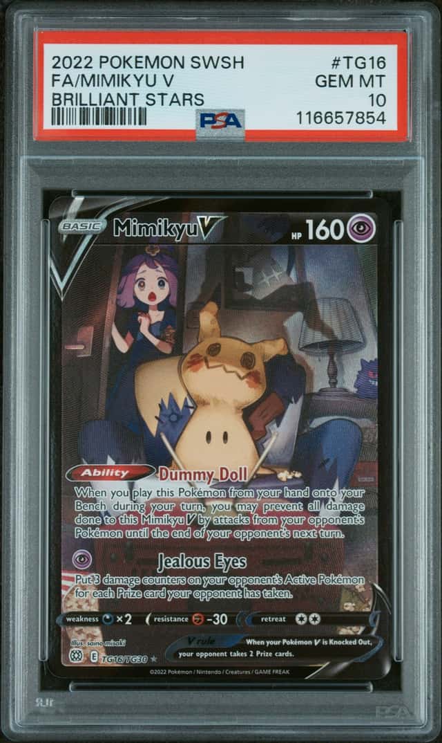 2022 POKEMON SWORD & SHIELD BRILLIANT STARS #TG16 FULL ART/MIMIKYU V PSA 10