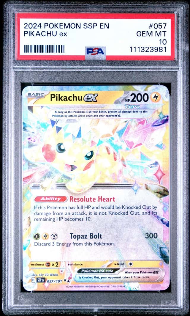 Pokemon 2024 Pikachu ex 057/191 Surging Sparks Full Art Holo English PSA 10