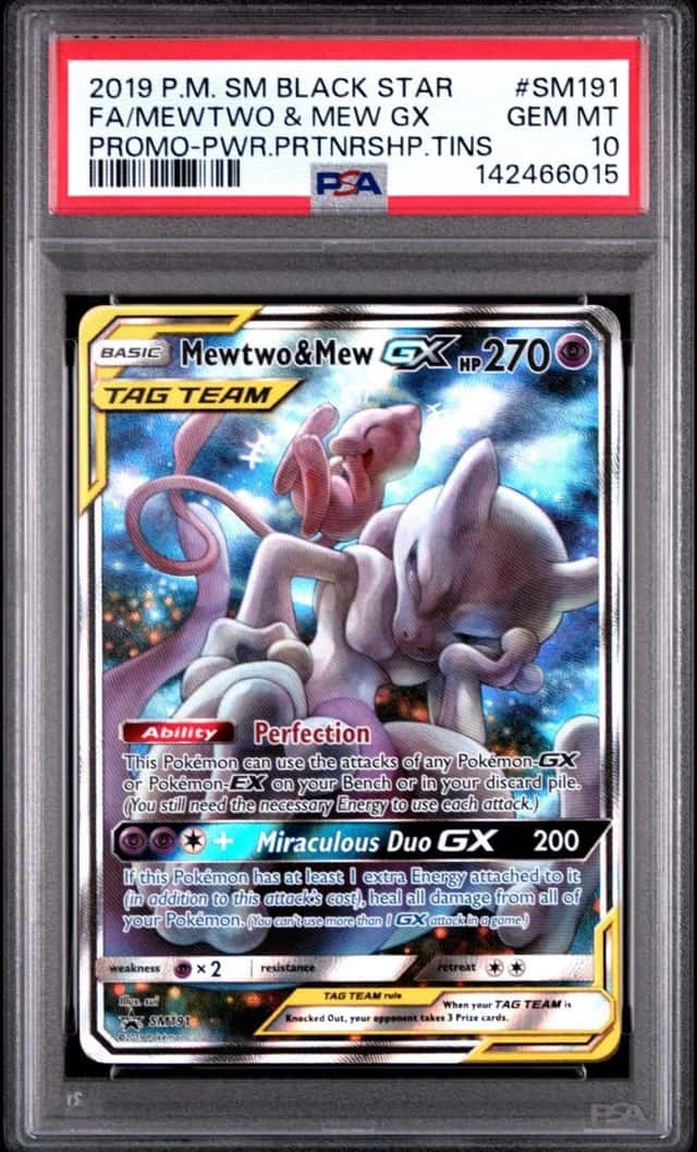 Pokemon PSA 10 GEM Mewtwo & Mew GX SM191 Power Partnership Tins Promo Holo #6015