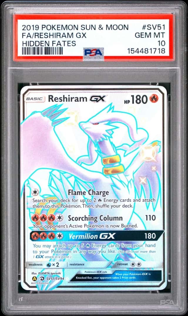 2019 POKEMON SUN & MOON HIDDEN FATES #SV51 FULL ART/RESHIRAM GX PSA 10