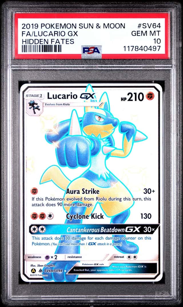 2019 POKEMON SUN & MOON HIDDEN FATES #SV64 FULL ART/LUCARIO GX PSA 10