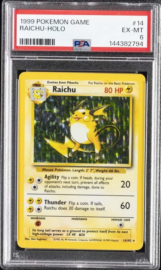 1999 POKEMON BASE SET UNLIMITED #14 RAICHU-HOLO PSA 6