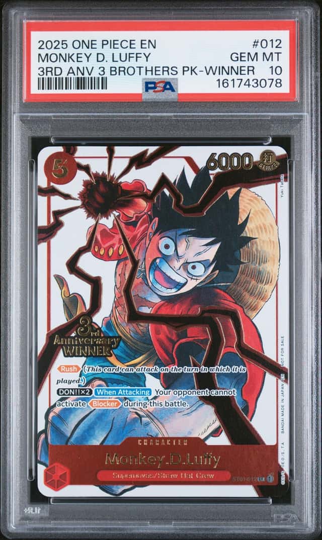 2025 One Piece EN 3rd Anniversary 3 Brothers Winner #012 Monkey D Luffy PSA 10