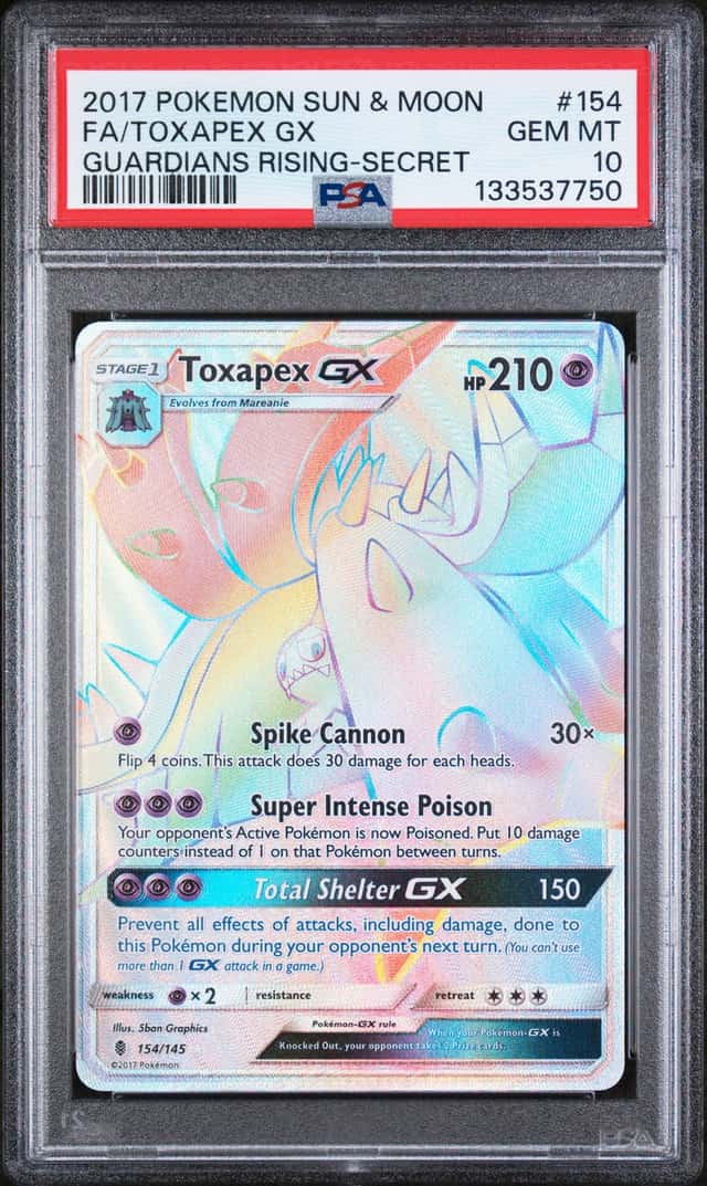 2017 POKEMON SM GUARDIANS RISING #154/145 TOXAPEX GX FULL ART SECRET RARE PSA 10
