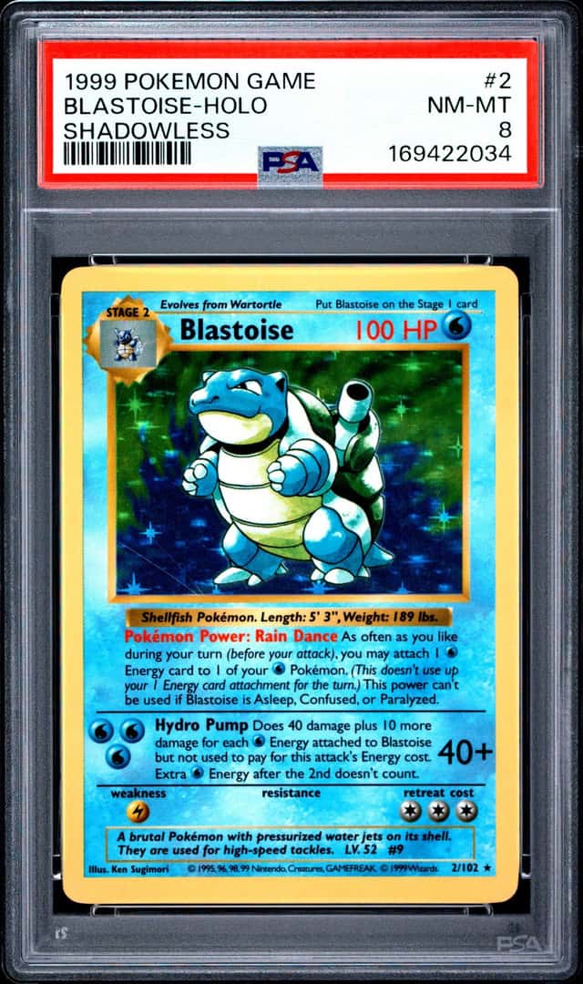 1999 POKEMON BASE SET SHADOWLESS #2 BLASTOISE-HOLO PSA 8